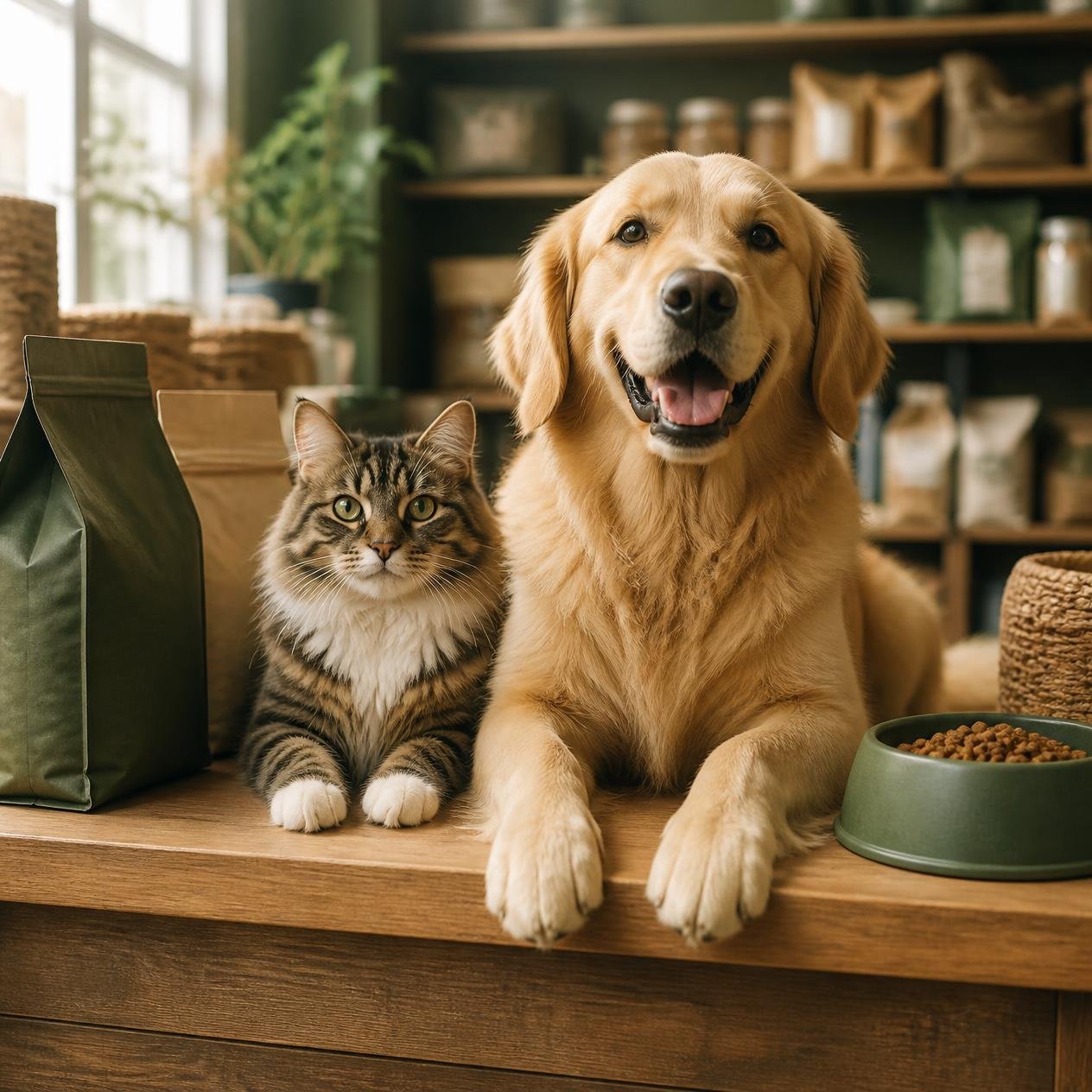 Mağazamızdan mutlu bir kedi ve köpek, mama ürünlerinin yanında